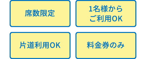 席数限定,1名様からご利用OK,片道利用OK,料金券のみ