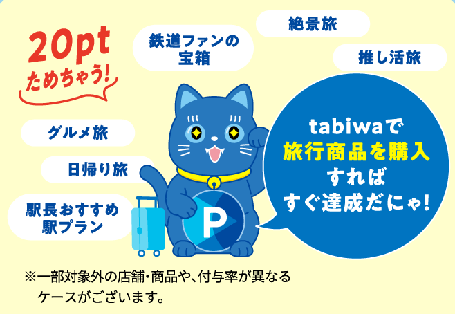 tabiwaで旅行商品を購入すればすぐ達成だにゃ！