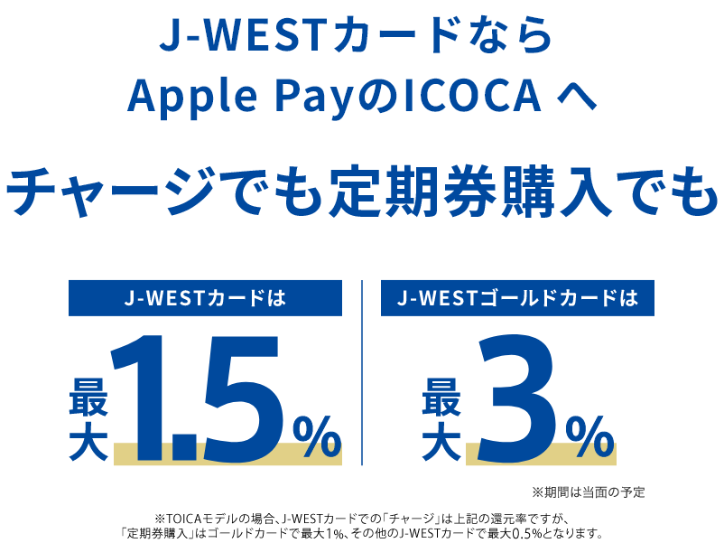J-WESTカードならモバイルICOCA for Android™へチャージでも定期券購入でもJ-WESTカードは最大1.5％ J-WESTゴールドカードは最大3％[※期間は当面の予定]※TOICAモデルの場合、J-WESTカードでの「チャージ」は上記の還元率ですが、「定期券購入」はゴールドカードで最大1％、その他のJ-WESTカードで最大0.5％となります。