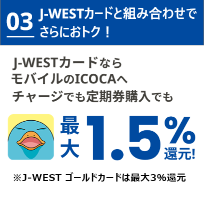 03 J-WESTカードと組み合わせでさらにおトク！J-WESTカードならモバイルのICOCAへチャージでも定期券購入でも最大1.5%還元！※J-WESTゴールドカードは最大3%還元