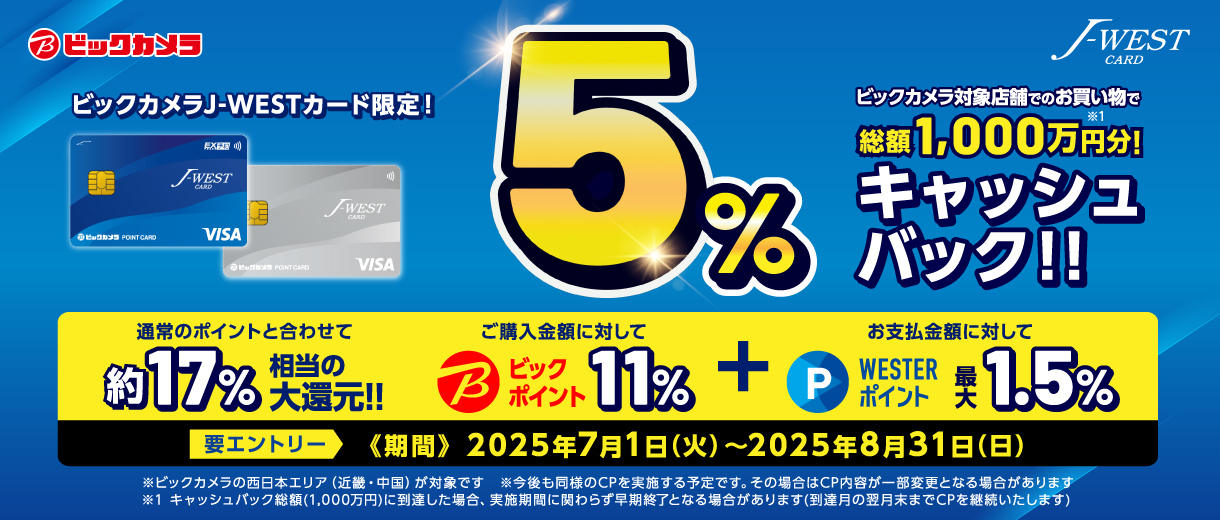 ビックカメラ対象店舗でのお買い物で5％キャッシュバック